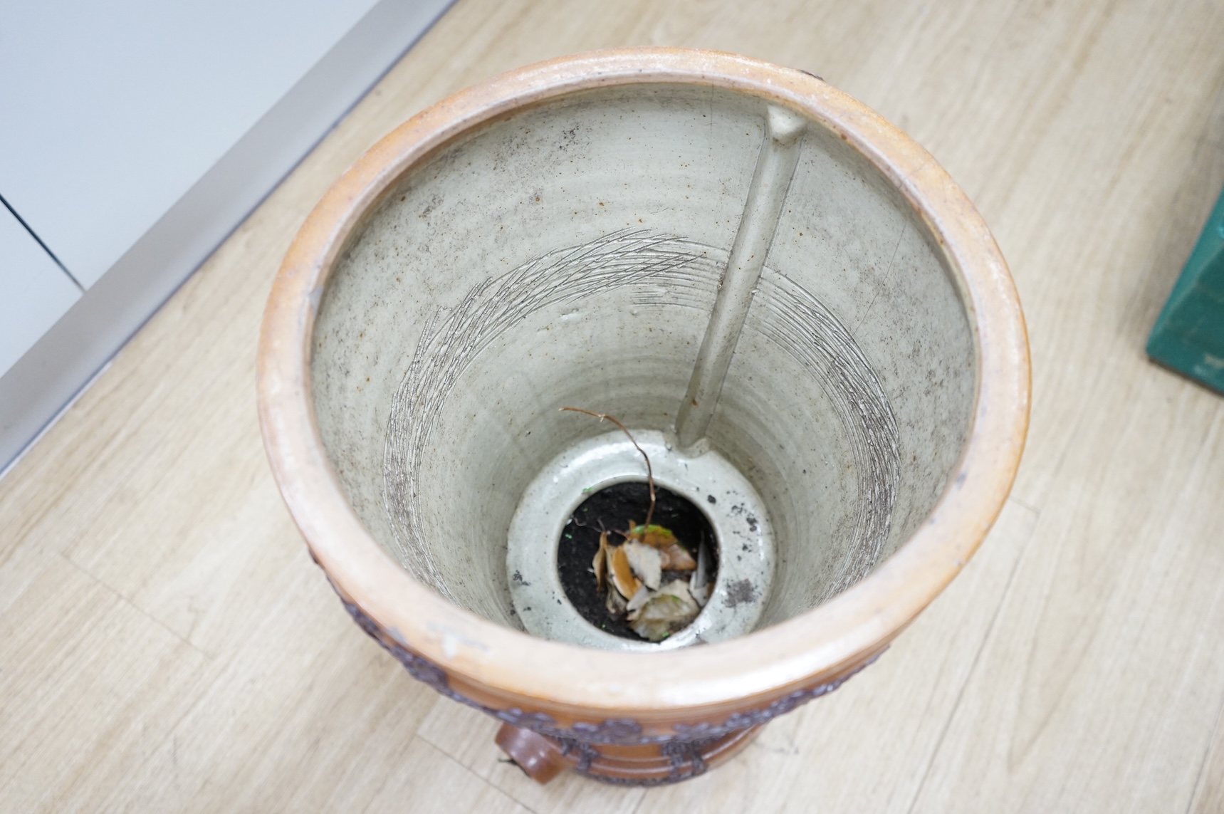 A Victorian salt glazed water filter and a stoneware jar, tallest 48cm